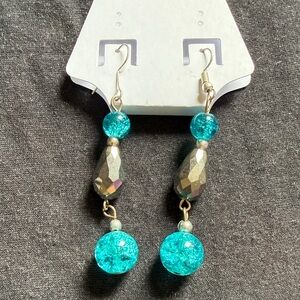 Teal Glass and Silver Beaded Drop Earrings